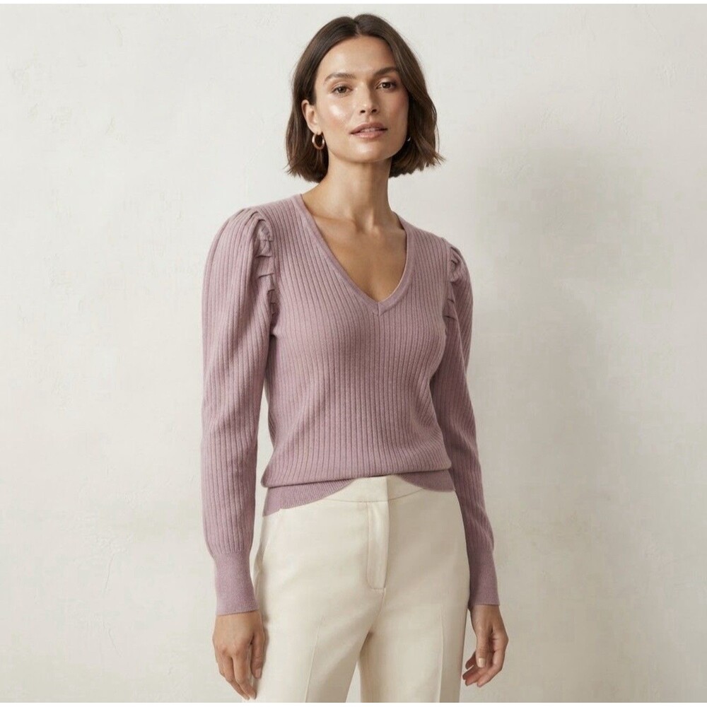 NWT City Chic Mauve Rose Ribbed V Neck Pull Over Sweater Puff Sleeve Size S NEW
